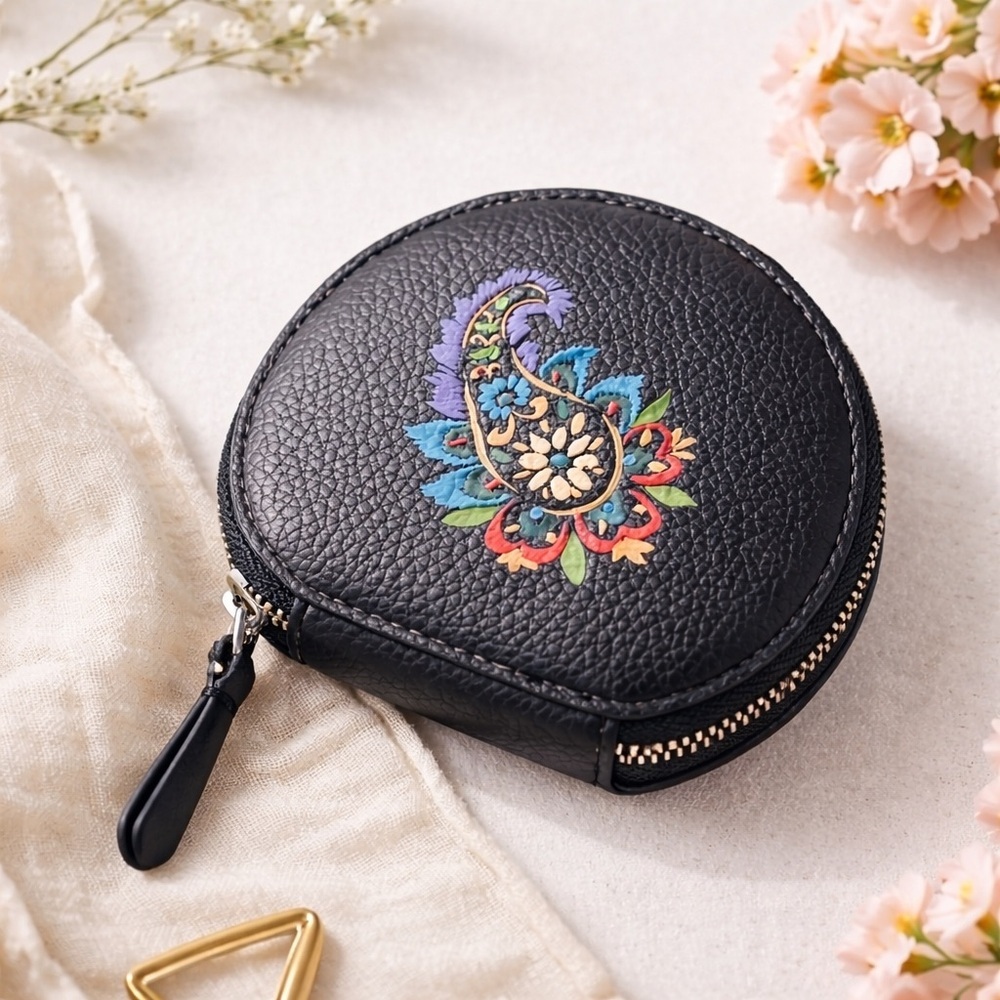 Vera Bradley Black Round Coin Purse with Colorful Paisley Motif